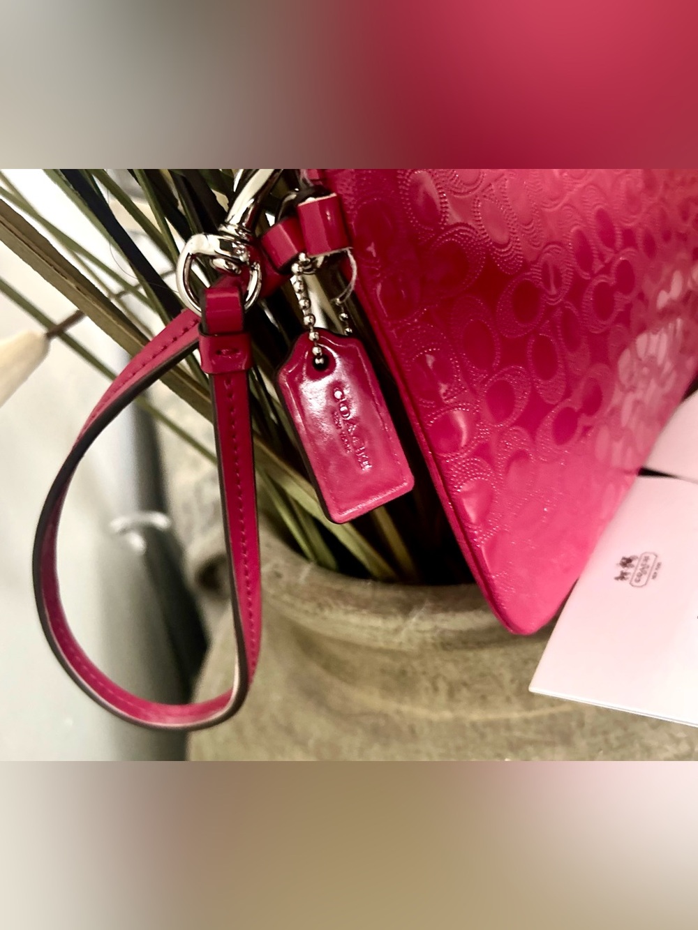 *NWT Coach Peyton Signature Embossed Patent Leather Wristlet in Fuscia - Picture 7 of 16